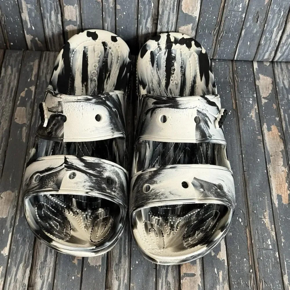 Crocs Classic 2 Strap Men's Marble Comfort Sandals Black White Sz 14